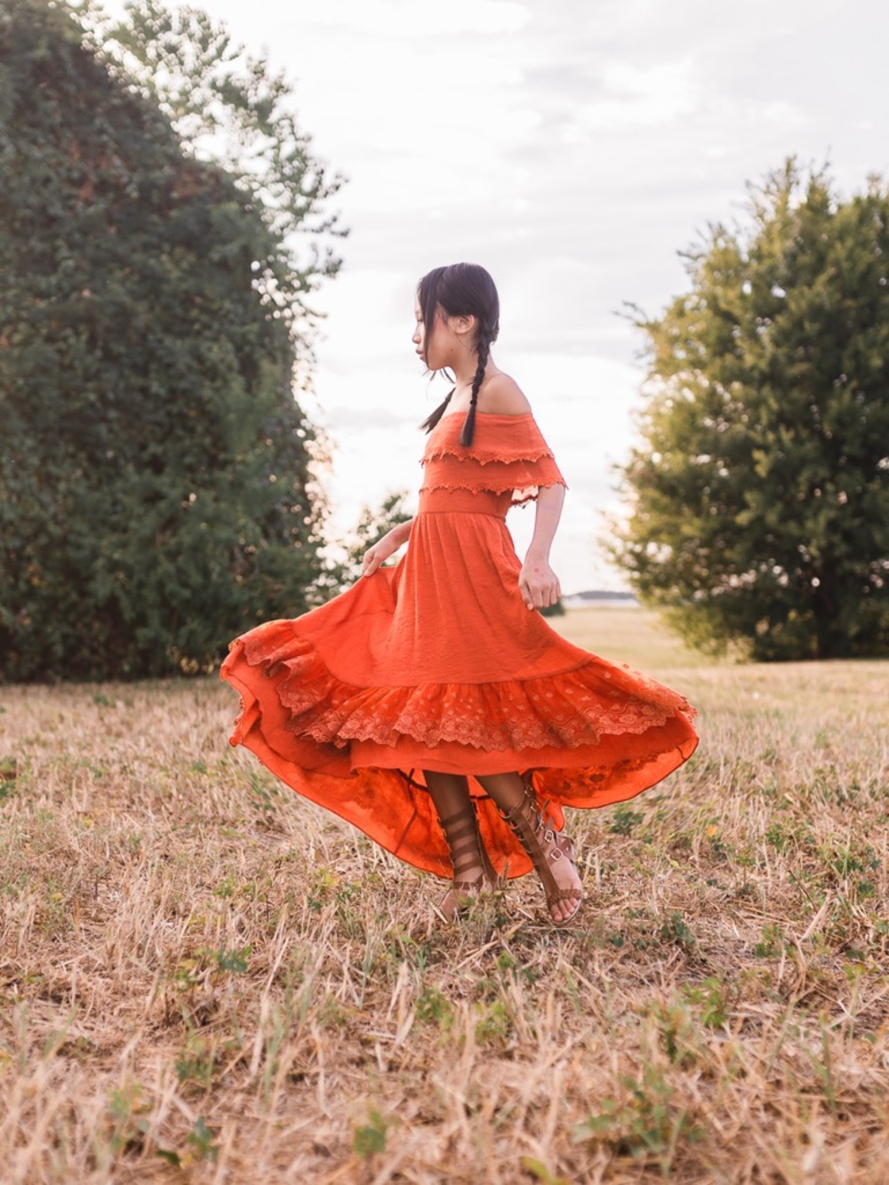 Girls Fall Hippie Boho Off-Shoulder High Low Maxi Dress Burnt Orange 8